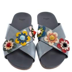 Pre Owned  Fendi Blue Patent Leather Flowerland Flat Slides Size 38.5