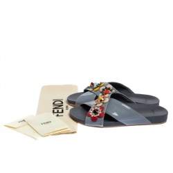 Pre Owned  Fendi Blue Patent Leather Flowerland Flat Slides Size 38.5