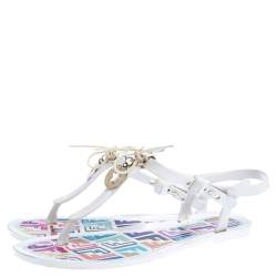 Pre Owned Fendi White Jelly Logo Charm Sunny Thong Flat Sandals Size 38