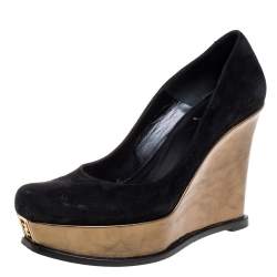 Pre Owned Fendi Black Suede Leather Wedge Platform Pumps Size 40
