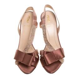 Pre Owned Fendi Brown/Beige Satin Crystal Embellished Bow Slingback Sandals Size 37