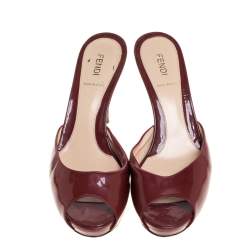 Fendi Burgundy Patent Leather FF Superstar Peep Toe Mule Slides Size 38