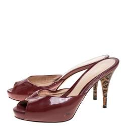 Fendi Burgundy Patent Leather FF Superstar Peep Toe Mule Slides Size 38