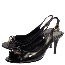 Fendi Black Patent Leather Logo Plaque Peep Toe Slingback Sandals Size 38