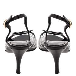 Fendi Black Patent Leather Logo Plaque Peep Toe Slingback Sandals Size 38