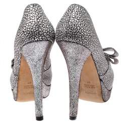Fendi Silver Textured Fabric Bow Peep Toe Pumps Size 37