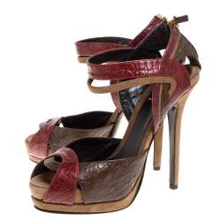  Fendi Multicolor Croc Embossed Leather Platform Sandals Size 38 