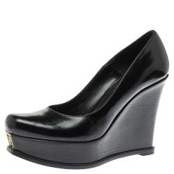 Pre Owned Fendi Black Leather Fendista Wedge Pumps Size 40
