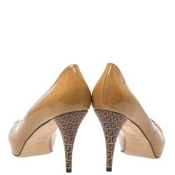 Pre Owned  Fendi Tan Patent Leather FF Heels Peep Toe Pumps Size 39.5