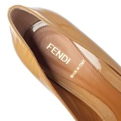 Pre Owned  Fendi Tan Patent Leather FF Heels Peep Toe Pumps Size 39.5