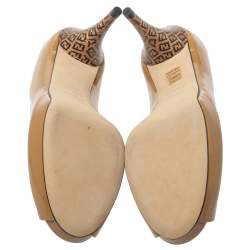 Pre Owned  Fendi Tan Patent Leather FF Heels Peep Toe Pumps Size 39.5