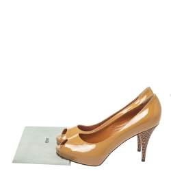 Pre Owned  Fendi Tan Patent Leather FF Heels Peep Toe Pumps Size 39.5