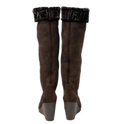 Pre Owned Fendi Brown Suede And Shearling Fur Wedge Knee High Boots Size 39