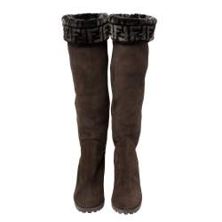 Pre Owned Fendi Brown Suede And Shearling Fur Wedge Knee High Boots Size 39