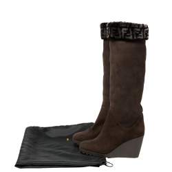 Pre Owned Fendi Brown Suede And Shearling Fur Wedge Knee High Boots Size 39