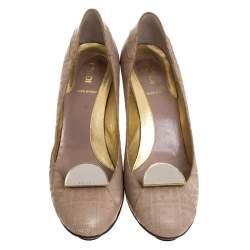 Pre Owned Fendi Beige FF Engraved Leather Mirror Logo Embellished Pumps Size 39