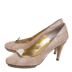 Pre Owned Fendi Beige FF Engraved Leather Mirror Logo Embellished Pumps Size 39