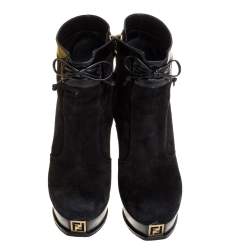 Pre Owned Fendi Black Suede And Patent Leather Fendista Platform Ankle Boots Size 39.5