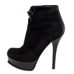 Pre Owned Fendi Black Suede And Patent Leather Fendista Platform Ankle Boots Size 39.5