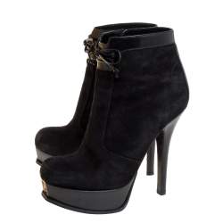 Pre Owned Fendi Black Suede And Patent Leather Fendista Platform Ankle Boots Size 39.5