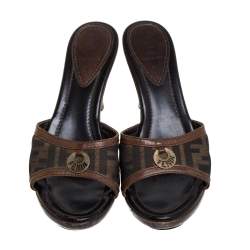 Pre Owned  Fendi Brown Zucca Canvas Heel Mules Size 39