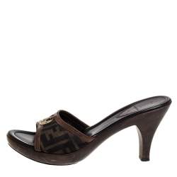 Pre Owned  Fendi Brown Zucca Canvas Heel Mules Size 39
