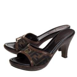 Pre Owned  Fendi Brown Zucca Canvas Heel Mules Size 39