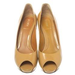 Pre Owned Fendi Beige Patent Leather Zucchino Heel Peep Toe Platform Pumps Size 37