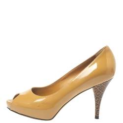 Pre Owned Fendi Beige Patent Leather Zucchino Heel Peep Toe Platform Pumps Size 37