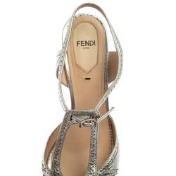 Pre Owned Fendi Metallic Silver Leather Chameleon Ankle Strap Sandals Size 39