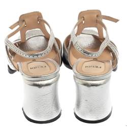 Pre Owned Fendi Metallic Silver Leather Chameleon Ankle Strap Sandals Size 39
