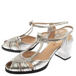 Pre Owned Fendi Metallic Silver Leather Chameleon Ankle Strap Sandals Size 39