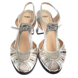 Pre Owned Fendi Metallic Silver Leather Chameleon Ankle Strap Sandals Size 39