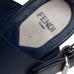 Pre Owned Fendi Blue Leather Metal Block Heel Ankle Strap Sandals Size 37.5