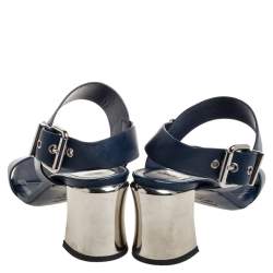 Pre Owned Fendi Blue Leather Metal Block Heel Ankle Strap Sandals Size 37.5