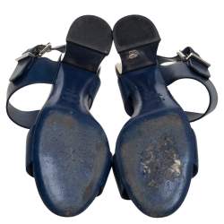 Pre Owned Fendi Blue Leather Metal Block Heel Ankle Strap Sandals Size 37.5