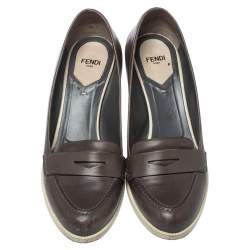 Pre Owned Fendi Brown Leather Karung Accented Penny Loafer Pumps Size 37.5
