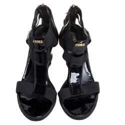 Pre Owned Fendi Black Elastic And Patent Leather Espadrille Wedge T-Strap Sandals Size 37
