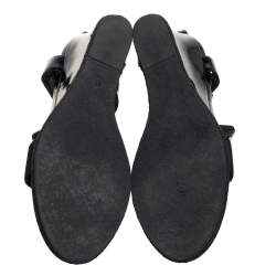 Pre Owned Fendi Black Elastic And Patent Leather Espadrille Wedge T-Strap Sandals Size 37