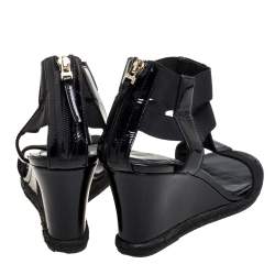 Pre Owned Fendi Black Elastic And Patent Leather Espadrille Wedge T-Strap Sandals Size 37