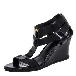 Pre Owned Fendi Black Elastic And Patent Leather Espadrille Wedge T-Strap Sandals Size 37