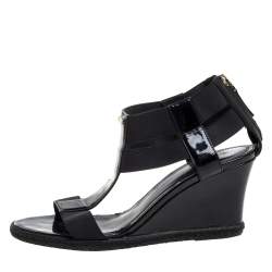 Pre Owned Fendi Black Elastic And Patent Leather Espadrille Wedge T-Strap Sandals Size 37