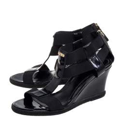 Pre Owned Fendi Black Elastic And Patent Leather Espadrille Wedge T-Strap Sandals Size 37