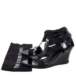 Pre Owned Fendi Black Elastic And Patent Leather Espadrille Wedge T-Strap Sandals Size 37