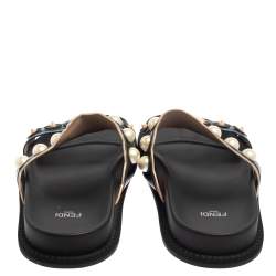 Pre Owned Fendi Multicolor Leather Faux Pearl Embellished Flat Slides Size 40