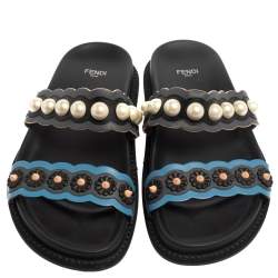 Pre Owned Fendi Multicolor Leather Faux Pearl Embellished Flat Slides Size 40
