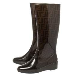 Pre Owned Fendi Tobacco Zucca Rubber Mid Calf  Rain Boots Size 39