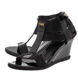 Pre Owned Fendi Black Patent Leather And Elastic T-Strap Espadrille Wedge Sandals Size 37.5