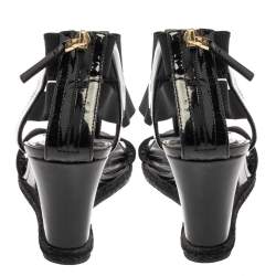 Pre Owned Fendi Black Patent Leather And Elastic T-Strap Espadrille Wedge Sandals Size 37.5