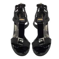 Pre Owned Fendi Black Patent Leather And Elastic T-Strap Espadrille Wedge Sandals Size 37.5